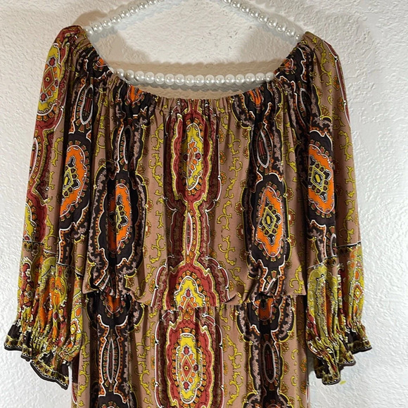 Boston Proper Muse Size 4 Brown Yellow Jersey Off The Shoulder Dress - Picture 3 of 10